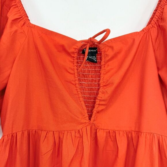 Style House Coral Red Puff Sleeve Keyhole Tie Bust Lacy Hem Maxi Peasant Dress - Picture 5 of 15